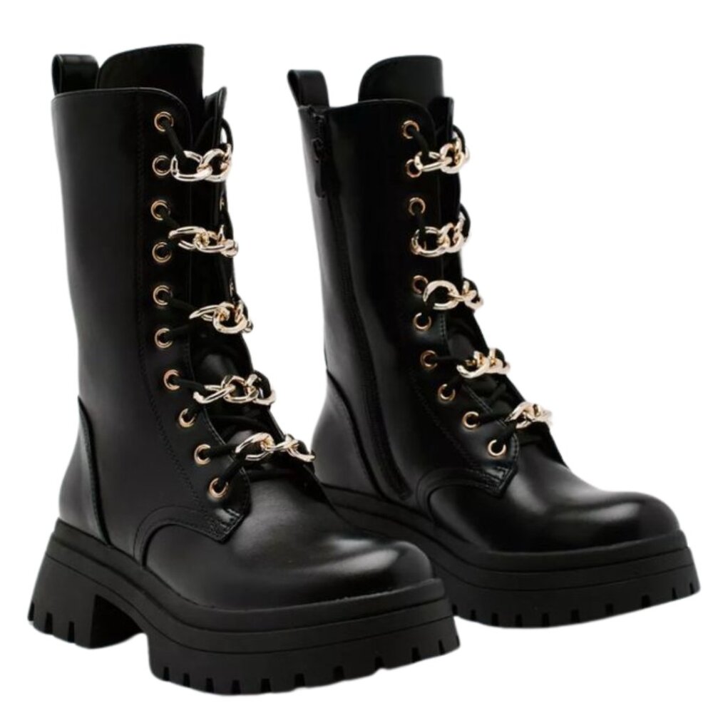 Chain Lace Chunky Biker Boots